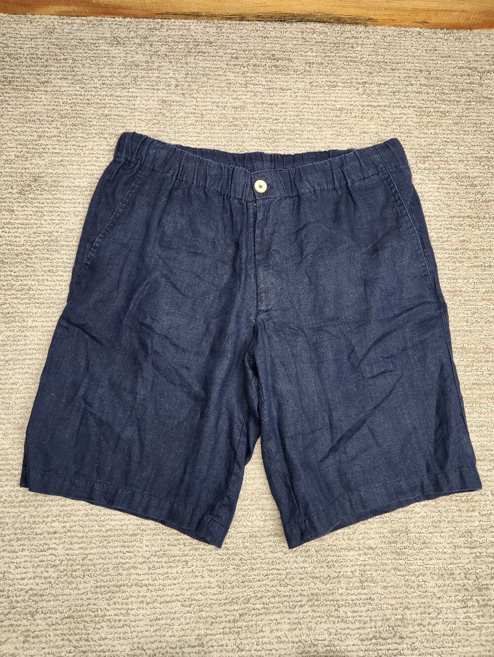 Quince 100% Linen Shorts Mens M 10" Navy Blue Beachy Elastic Button Zip Resort